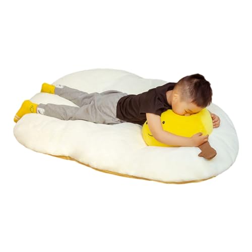 MAIBED 目玉焼き 座布団 面白い ぬいぐるみ 抱き枕 フロアクッション 大きい 厚手 プレゼント 生々しい 子供 手触りふわふわ 縫いぐるみ もちもち かわいい 癒し系 抱き心地 柔らかい (90*130CM)