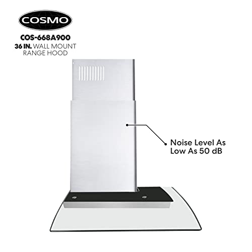 Cosmo Cos-668A900 Wall Mount Range Hood 380-Cfm With Ducted Glass Chimney Kitchen Stove Vent, Led Light, 3 Speed Exhaust Fan, Permanent Filter, Stainless Steel (36 Inch) #TOP7