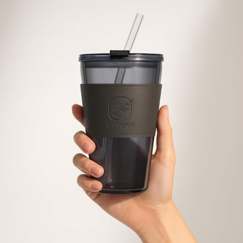 Image of 400ml Glass Sipper Mug with Leather Grip Sleeve - Leak-Proof Lid & Straw | Reusable Tumbler for Hot & Cold Beverages, Water, Juice, Coffee | Home, Bar, Office Use (Big Black Mug)