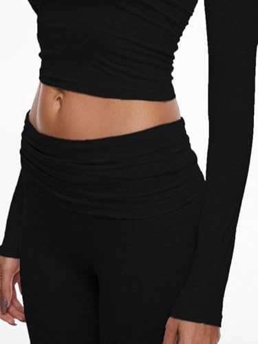 Image of AnotherChill Women's Long Sleeve Top Foldover Flare Pants Lounge Set | 2 piece cropped shirt and slim flare trousers comfy loungewear, soft modal casual matching sets, travel airport outfits