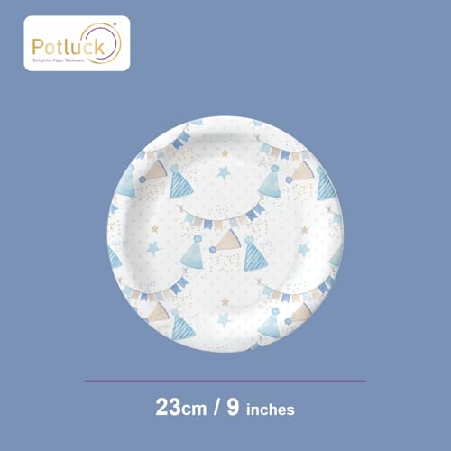 Image of Potluck Birthday Celebrations Disposable Paper Plates, 9 Inch Food Grade Tableware for Parties, Events, Snacks & Meal Serving Pack