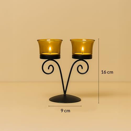 Image of MARKET 99 Metal+Glass 2 Votive T- Light Holder | Elegant Home Decor for Diwali, Christmas, Birthday, and Wedding | Decorative Candle Holder for Ideal for Festive & Ambient Lighting | Black & Golden