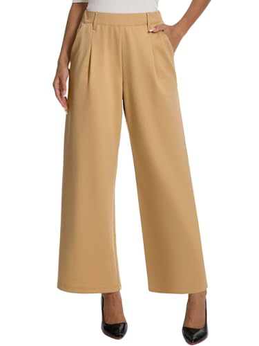 Womens Dress Wide Leg Pants Pull On Stretchy Work Pants High Waisted Business Causal Palazzos Trousers with Pockets