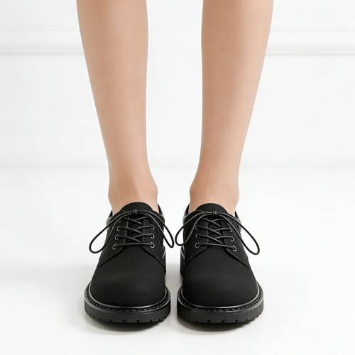 Image of Black Women's Oxford Shoes, Non Slip Work Office Dressy Brogue Shoes | Classic Smooth Leather Lace Up Oxford Brogues, Lightweight Comfort Platform Uniform Shoes for Business School Daily Wear
