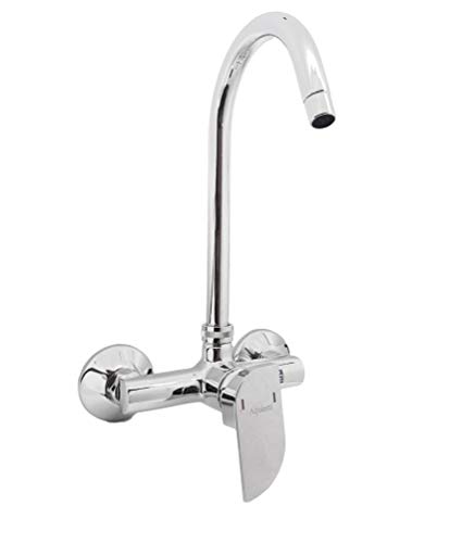 Image of Aquieen Wall Mounted Single Lever Sink Mixer with Provision for Hot & Cold Water with 360 Degree Rotating Hi-Neck Spout, Connecting Legs & Wall Flanges (Leaf)