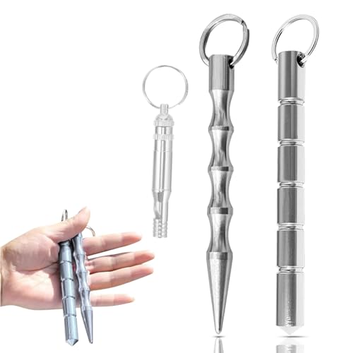 KARELLS Kubotan, 2 Piezas Kubotan Llavero de Defensa con 1 Silbatos, Llavero de Autodefensa, Martillo de Emergencia Llavero de Supervivencia, Herramienta para Mujer, Teen, Hombres Seguridad, Plateado