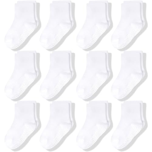 CozyWay Toddler Socks with Grippers - Soft Cotton Crew Grippy Socks for Toddler Boys & Girls - 1T-3T, White, Crew Grip, 12 Pack