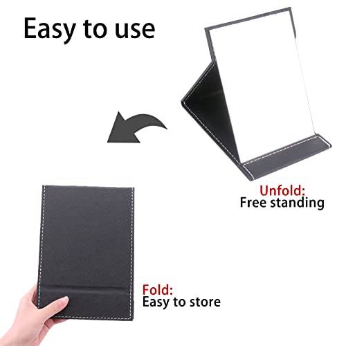 Portable Pu Leather Mirror Folding Desktop Makeup Mirror With Adjustable Stand For Personal Use Travelling Tabletop Mirror (Medium Black) #TOP4