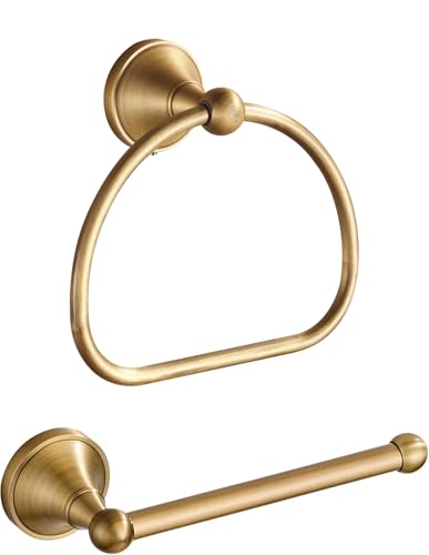 BRASEEY Brass Toilet Paper Holder Towel Ring Antique Brass Towel Holder Toilet Paper Roll Holder Rustic Towel Rack Bathroom Accessories Set Hardware 2 Pieces Farmhouse Wall Mounted