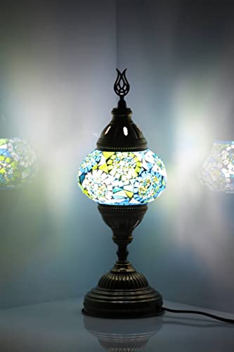 Kafthan - Turkish Handmade Mosaic Glass Table Lamp - Unique Custom Moroccan Lamp Shades -Decorative Globe Candelabra Room Decor Lantern Lamp W/Led Bulb-Bedside Night Light -Turquoise Seperated Circles #TOP1
