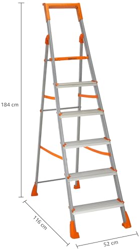 Image of Amazon Basics Clamber Pro+ - Foldable Step Ladder with Tool Tray, Firm Grip, 6 Steps (Aluminium Steps, Orange & Satin)