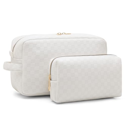 2 Pieces Large Checkered Makeup Bag Cosmetic Bag for Women Travel Toiletry Make Up Brush Bag Pack Organizer Travel Accessories for Women (White)