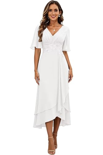 Image of Lace Applique Mother of Bride Dresses Chiffon Mother of the Groom Dresses Tea Length Formal Evening Dress with Sleeve