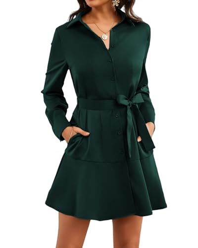 Image of Women's Long Sleeve Button Up Midi Belt Shift Collar Dress with Pockets for Work Office Business