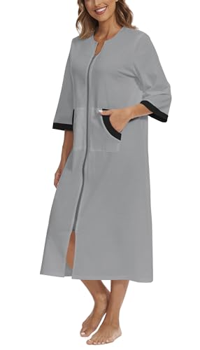 Zipper Robes for Women 3/4 Sleeve Housecoats Long Lightweight Bathrobe House Dress with Pockets3
