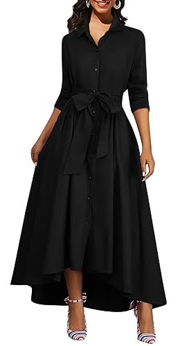 Women's Button Down T-Shirt Dress Casual High Low V Neck Loose Long Dress with Belts