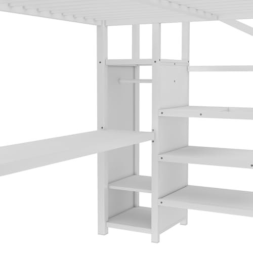 Image of Bellemave Queen Size Loft Bed with Desk and Wardrobe Storage Stairs and Wardrobe, LED USB, Loft Bed Full Size for Teens Metal, White