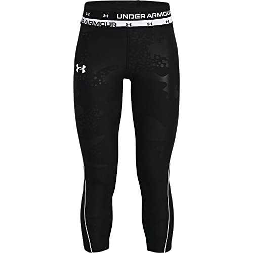 Under Armour Girls' HeatGear Armour Emboss Ankle Crop , Black (001)/White , Youth X-Small