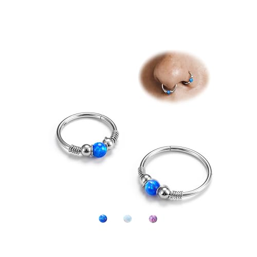 BodyBonita Opal Nose Rings Hoops - 316L Surgical Steel Septum Ring for Women Conch Piercing Jewelry Daith Helix 2Pcs Silver 16G 10mm 12mm Blue