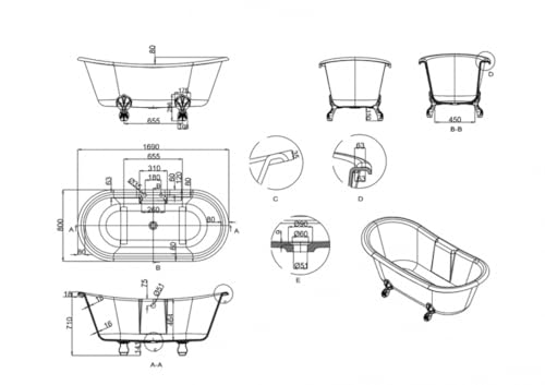 Casa Padrino Jugendstil Badewanne Naturstein freistehend 1700mm BCha Weiß - Freistehende Retro Antik Badewanne, Badewannen Füsse:Luxury Classic Weiß – Bild 6