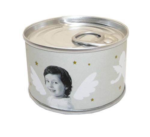 lot de 4 Boîte à dragées ANGE BOITE DE CONSERVE personnalisée avec votre photo et votre texte pour bapême couleur bleu - ballotin à dragées design et...