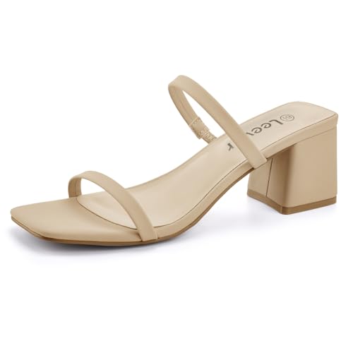 Leevar Square Low Block Toe Heeled Sandals for Women - 2.25IN Open Ankle Strap Chunky Heels - Slip on Heeled Sandal Mule- Nude Black Strappy Heels for Party Wedding Dress Shoes,Nude Nubuck,Size 8