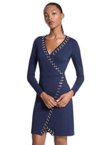 Image of Michael Kors Women's Astor Stud Long Sleeve Wrap Mini Dress, Midnight Blue, L