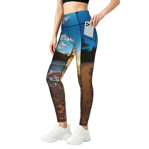 Leggings con estampado tropical de mujer para entrenamiento con bolsillos