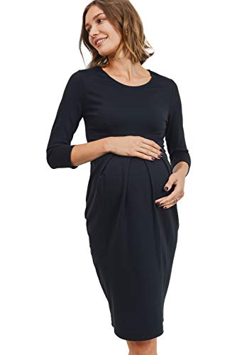Laclef Womens Knee-Length Midi Maternity Dress With Front Pleat Long Sleeve (¾ Sl Black, Medium) #TOP2