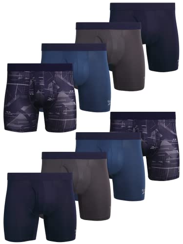 Reebok Men's Boxer Briefs - 8 Pack Performance Mens Underwear Boxer Briefs with Fly Pouch - Athletic Underwear for Men (S-XL), Size X-Large, Blue/Navy/Grey/Print