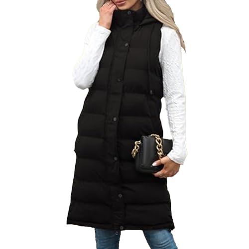 Long Puffer Vest For Women Sleeveless Hooded Jacket Removable Hood Winter Outerwear Coat3