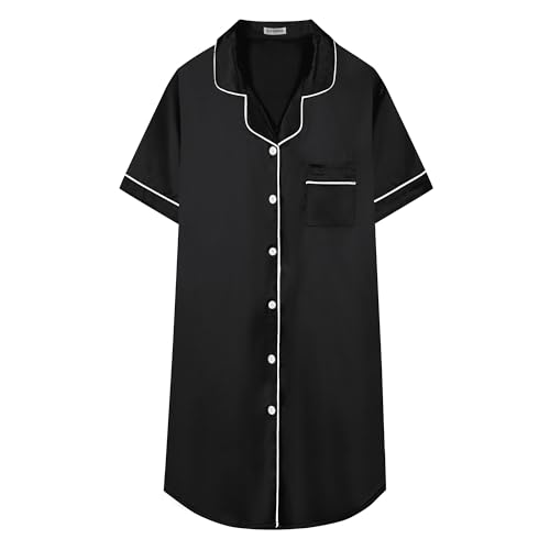 Image of Schbbbta Girls & Women Silk Nightgown, Short Sleeve Button Down Satin Nightshirt Pajama House Dress, 3 Years- Women 2XL