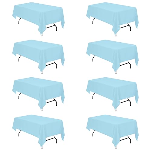 Image of BRILLMAX 8 Pack Light Blue Tablecloths 60x102 Inch for 6ft Rectangle Tables | 150 GSM Polyester Fabric, 15 inch Standard Drop, Water, Stain & Wrinkle Resistant Cloth Cover for Wedding Reception Banquet Party