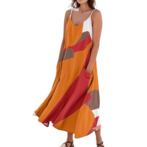 Musselin Kleid Damen Sommerkleid Damen Lang V Ausschnitt A Linie Elegant Trägerkleid Boho Kleid Mit Taschen Strandkleid Baumwolle Leinen Leicht Und...