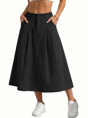GRECERELLE Womens Summer Long Skirts Ladies Casual Maxi Solid Cargo Skirt Elastic High Waist A-Line Dress with Pockets for Women UK (Black L)