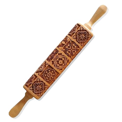 Qiwenr Weihnachten Geprägt Teigroller, Weihnachten Präge Nudelholz, Weihnachten Holz Nudelhölzer, 3D Prägung Nudelholz Gravierte Nudelhölzer Kekse diy Werkzeug zum Backen Geprägter(35cm*4.5cm)