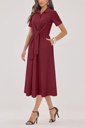 Image of Newshows Women's Work Business Casual Outfits Tie Waist Midi Shirt Dress | Lightweight & Breathable Easy-care Fabric, Side Pockets, Decent Professional Attire, Church Office Funeral Outfits