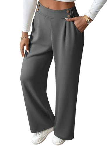 EVALESS Womens Business Casual Work Pants Wide Leg Elastic High Waisted Straight Pleated Pants Dressy Casual Comfy Teacher Office Slacks Fall Fashion Trousers with Pockets Grey X-Large