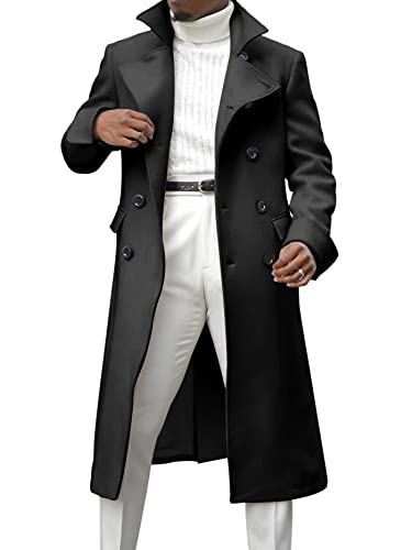 Ebifin Men's Notch Lapel Double Breasted Long Trench Coat Casual Cotton Blend Peacoat2