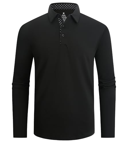 Alex Vando Mens Golf Shirt Moisture Wicking Quick-Dry Solid Long Sleeve Polo Shirts for Men
