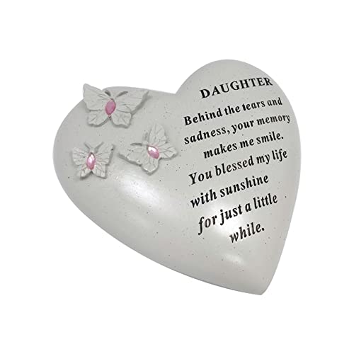 Personalised Grave Ornament/Memorial Plaque with Heart With 3 butterflies & Blue Gems | Graveside Decoration Gift in the Loving Memory of your Loving Deceased Ones (Daughter)