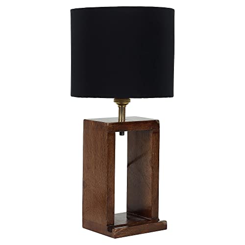 Image of tu casa Handcrafted Mango Wood Table Lamp with Pleated Black Cotton Fabric Shade | Elegant Bedside Night Lamp for Bedroom & Living Room