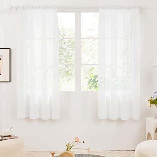 Deconovo White Net Curtains for Windows Home Decoration Faux Linen Rod Pocket Sheer Curtains for Bedroom 55 x 54 Inch 2 Panels