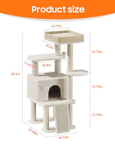Árbol moderno para gatos de 50.2 pulgadas con rattan y sisal miniatura 7