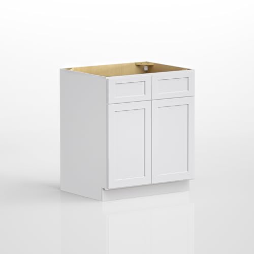LUXEYARD 30 in W x 24 in D x 34.5 in H RTA Sink Base Cabinet, White Shaker Kitchen Base Cabinet with 2 Doors and False Drawer Fronts, Plywood Box, Ready to Assemble Under Sink Storage Cabinet