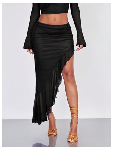 Verdusa Women's Club Outfits Asymmetrical High Slit Mesh Long Skirts Ruffle Hem Ruched Flowy Bodycon Skirt4