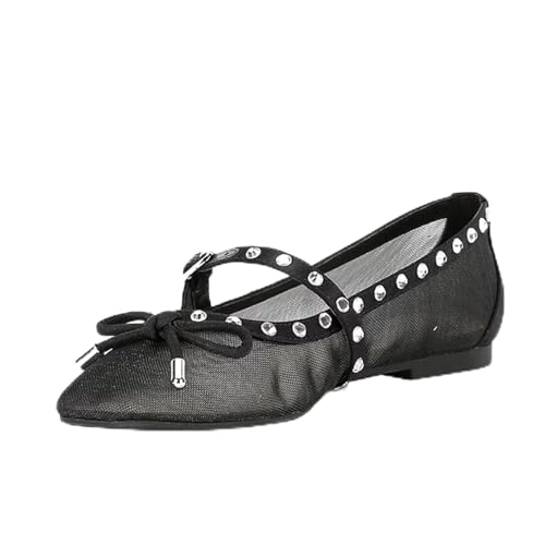 Women's Exquisite Mesh Ballet Flats - Sparkling Studs & Delicate Bow Design
