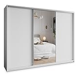 Masseno Schwebetürenschrank TAVI 270/205/60 cm Kleiderschrank mit Schubladen Schlafzimmer Schiebetürenschrank 3-türig mit Spiegel Weiß + Satin