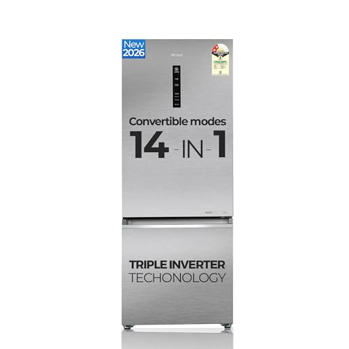 Haier 355 L 2 Star Frost Free Bottom Mount Double Door Refrigerator|Convertible 14-in-1|Jhukna Mat-Bottom Freezer|Digital Display Panel|Inverter|Twist Ice Maker (HEB-362TSA-P, Inox Steel)