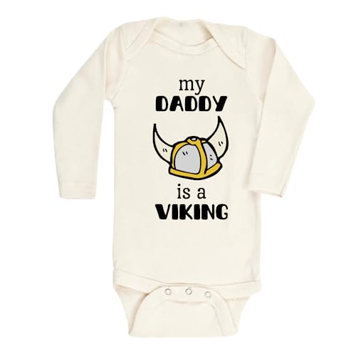Image of MangoHouse Funny Baby Bodysuit My Daddy Is A Viking Shirt Premium Cotton Custom Baby Clothes Unisex Baby Announcement Onesie for Boys and Girls (Long Sleeve Natural, 3-6m)